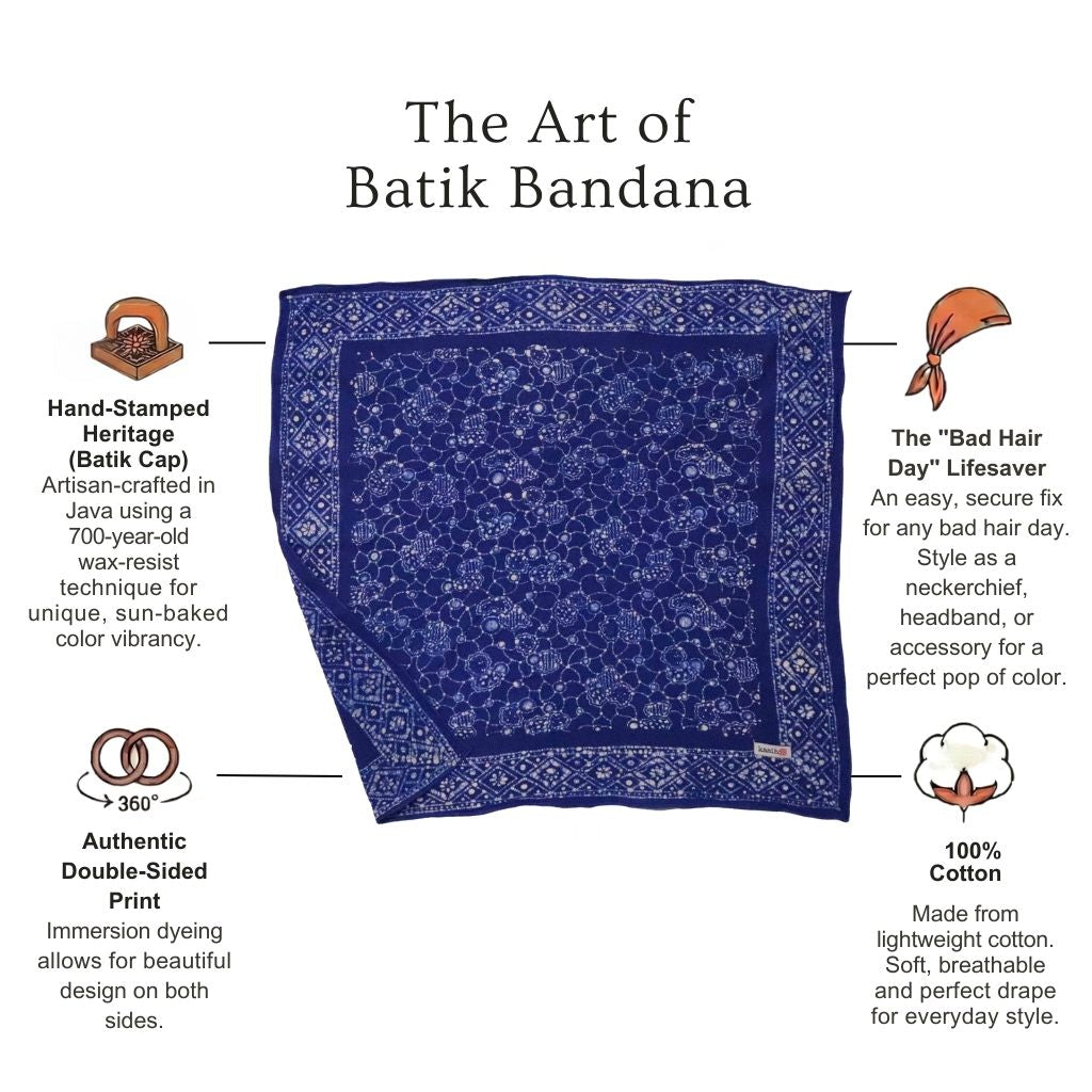Large 39" Hand Dyed Batik Bandana, 100% Soft Cotton, Boulder, Blue