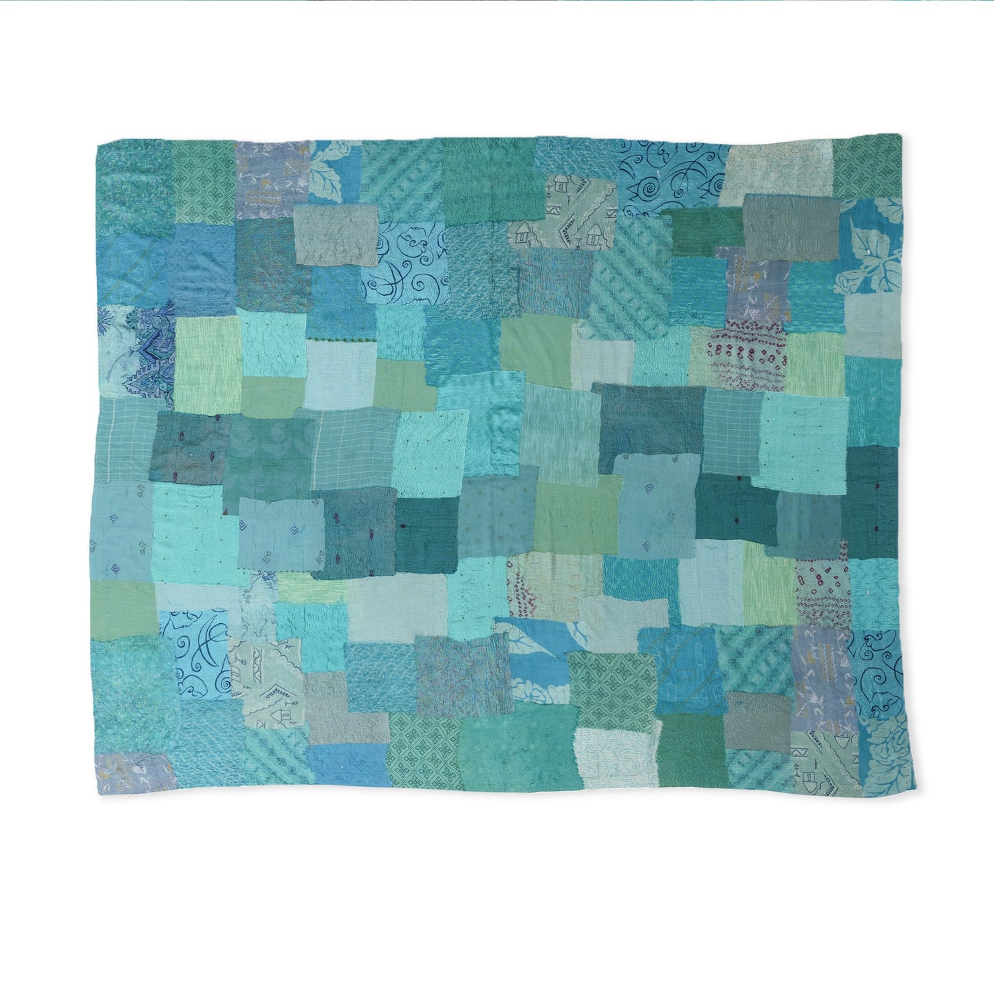 Printed Fray Patch  Vintage Cotton Kantha Table Cover - Sage