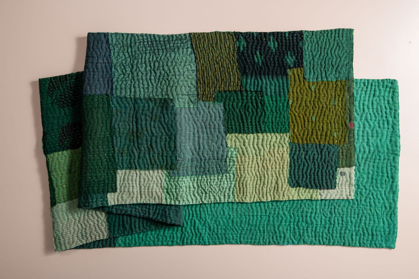 Landscape Fray Patch  vintage Kantha Runner - Green