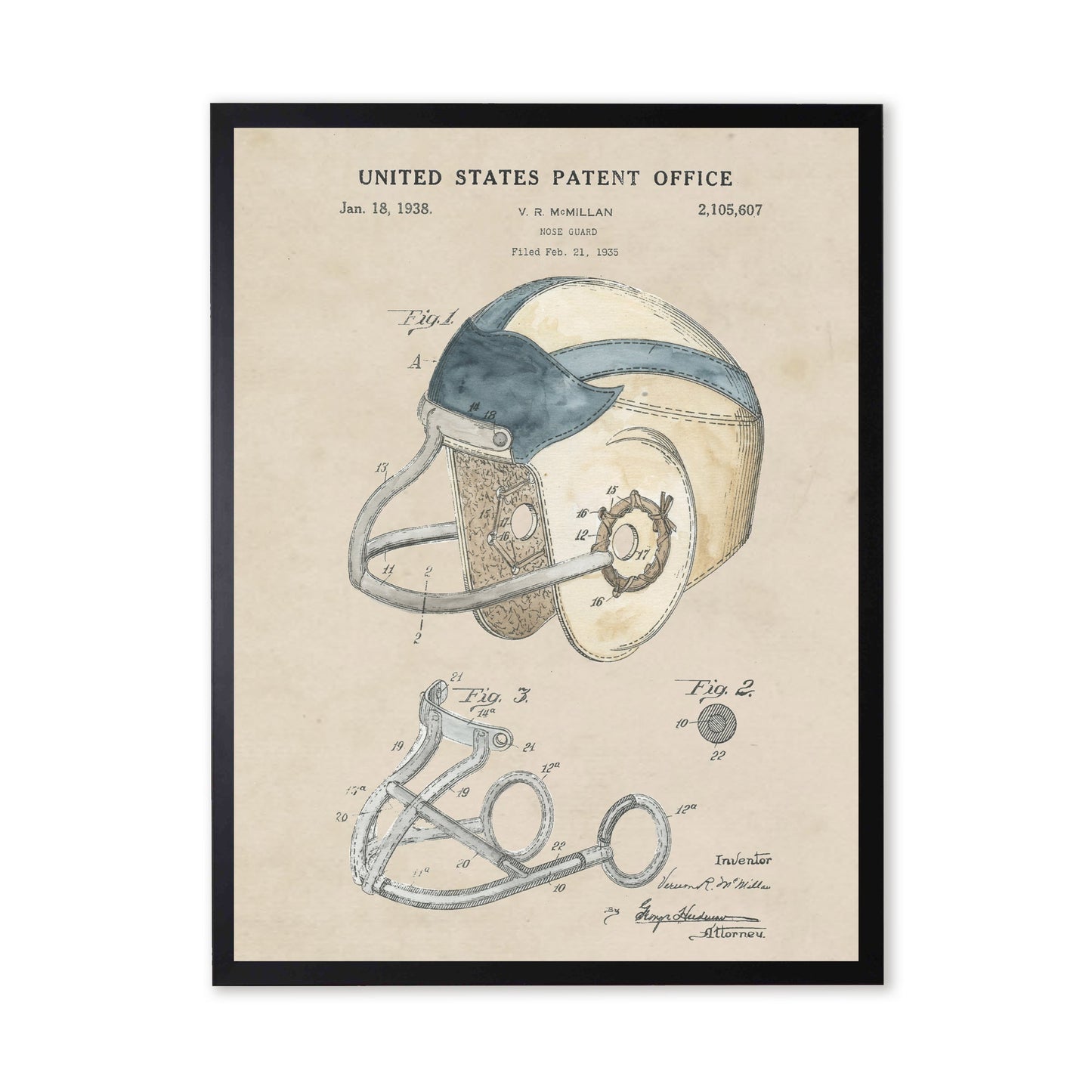 Football Helmet Patent in Black Frame