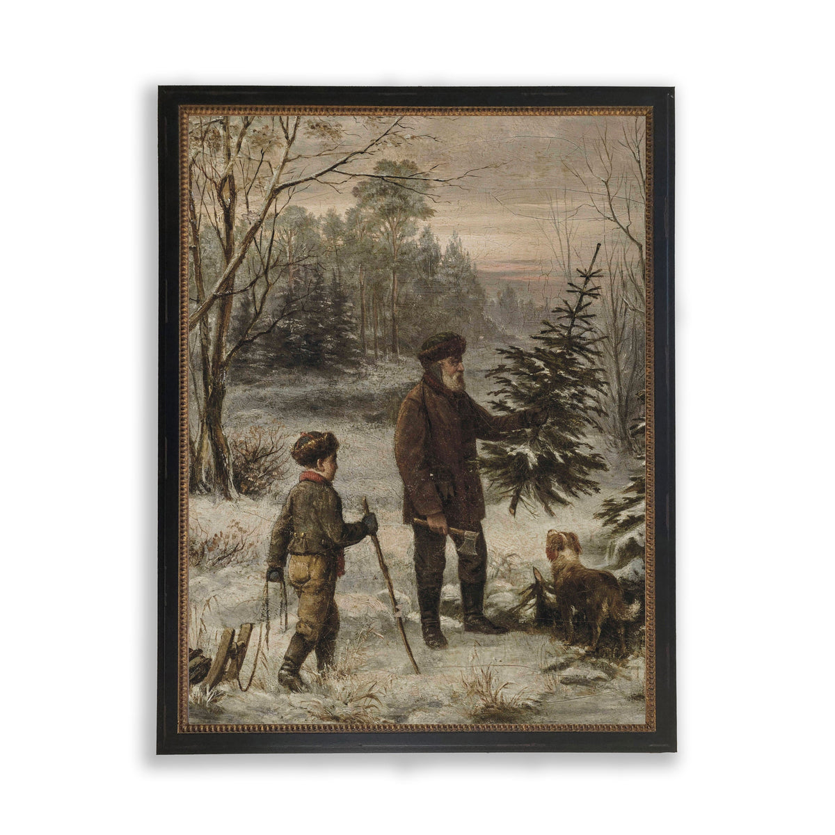 Vintage Oil Painting Reproduction of Man, Dog & Boy Finding Christmas Tree