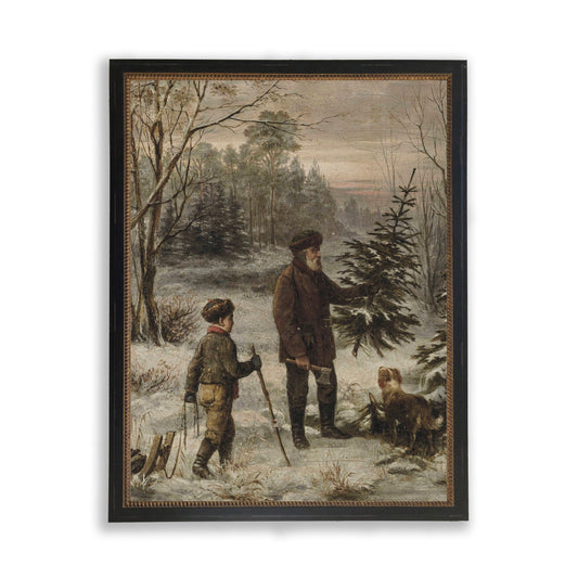 Vintage Oil Painting Reproduction of Man, Dog & Boy Finding Christmas Tree