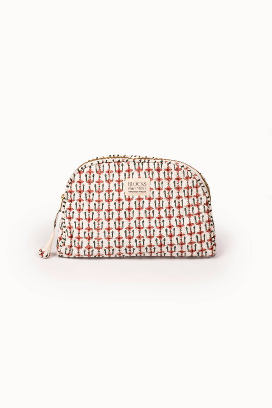 Medium Block Print Quilted Travel Pouch - Crimson Mosaic