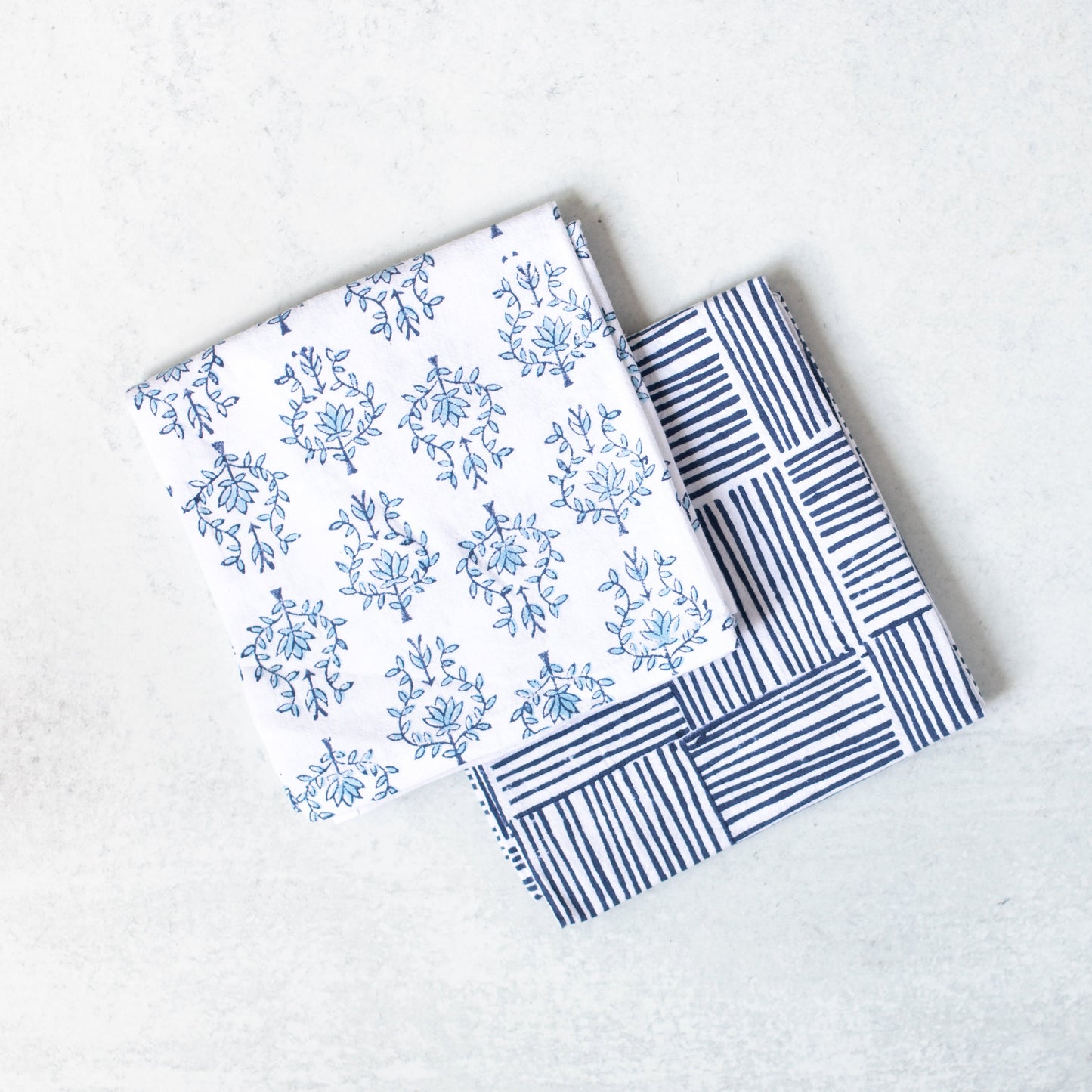 S/2 Tea Towel Set - Lotus & Stripe, Navy