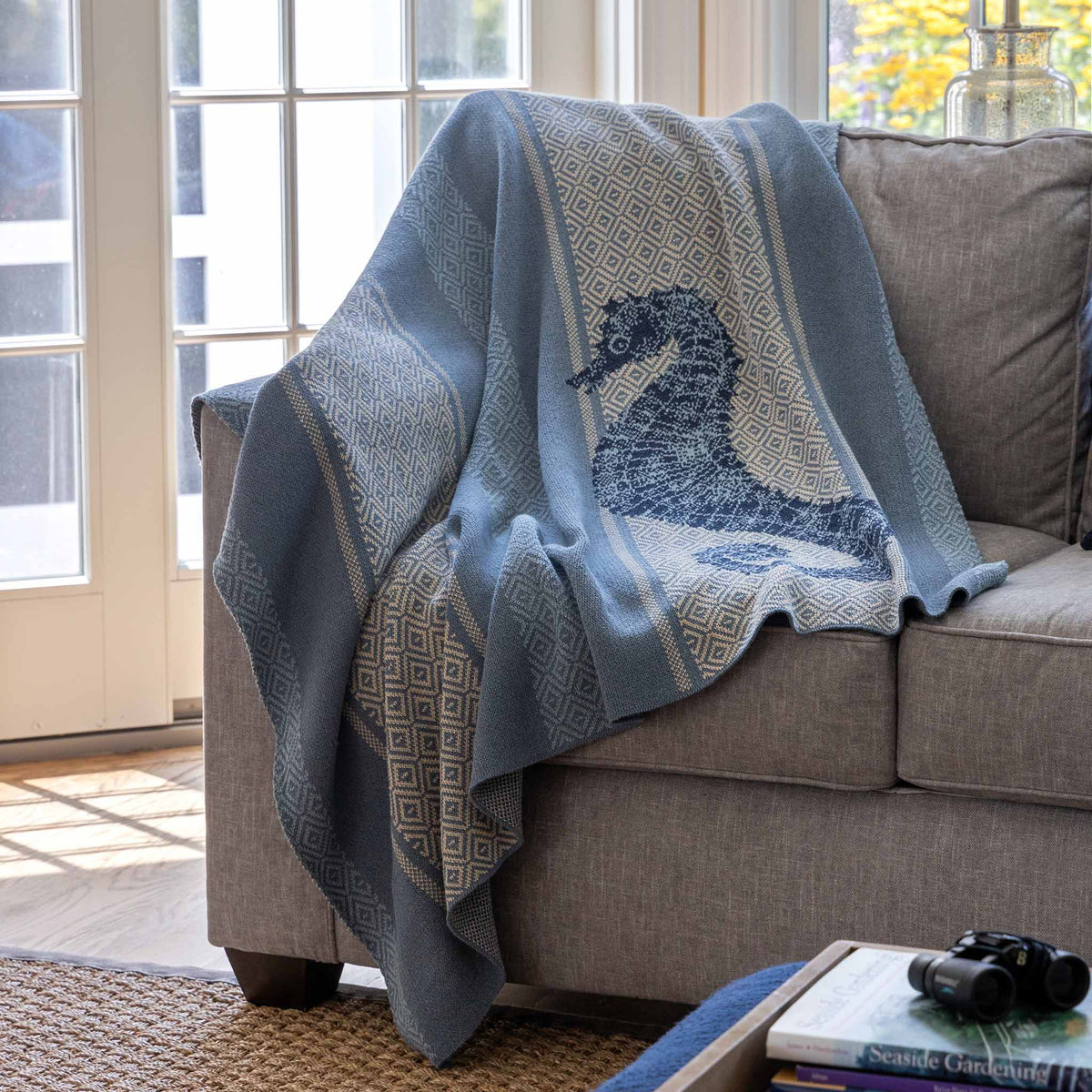 Seahorse Square - Cotton Sustainable Knit Throw Blanket | Coastal