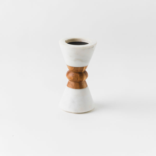Heirloom Marble & Acacia Candleholder – White