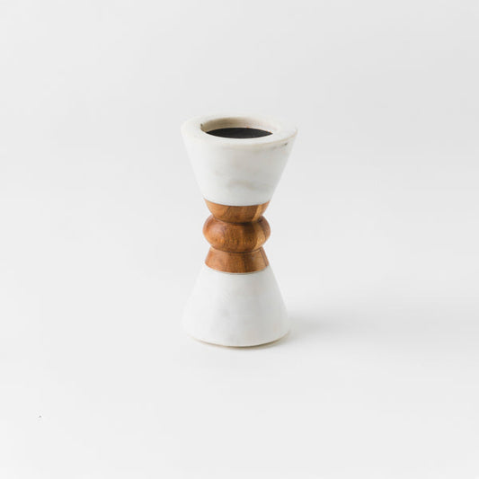 Heirloom Marble & Acacia Candleholder – White