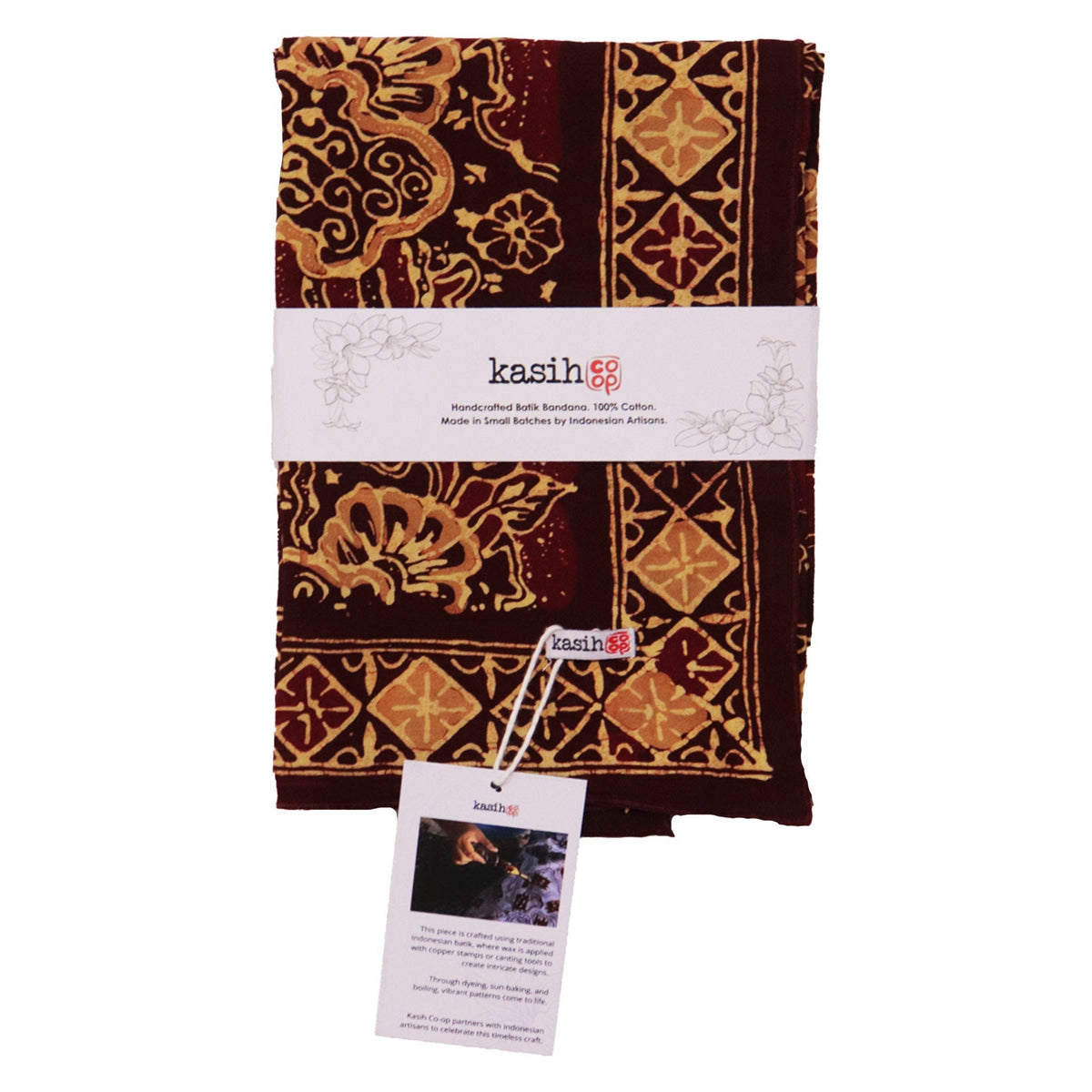 Large 39" Hand Dyed Batik Bandana, 100% Soft Cotton, Sunlit Garden, Red Burgundy