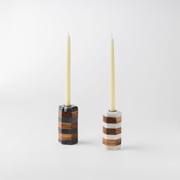 Striped Marble & Acacia Candleholder