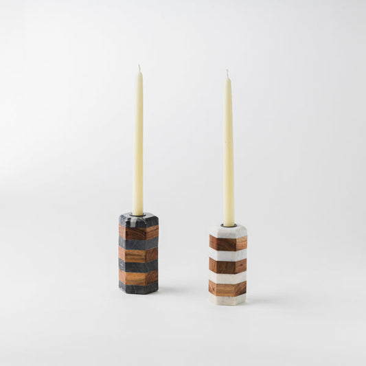 Striped Marble & Acacia Candleholder