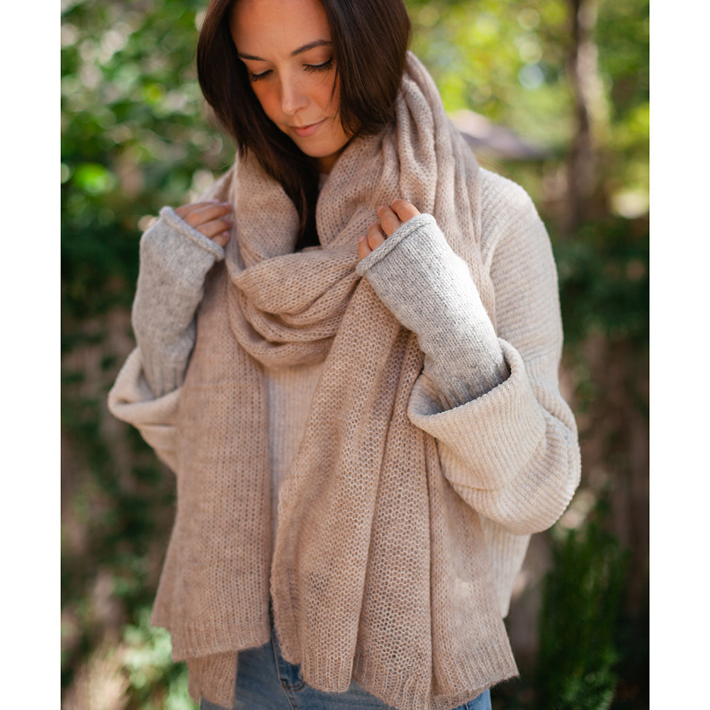 Soft Beige Handwoven Knit Alpaca Scarf