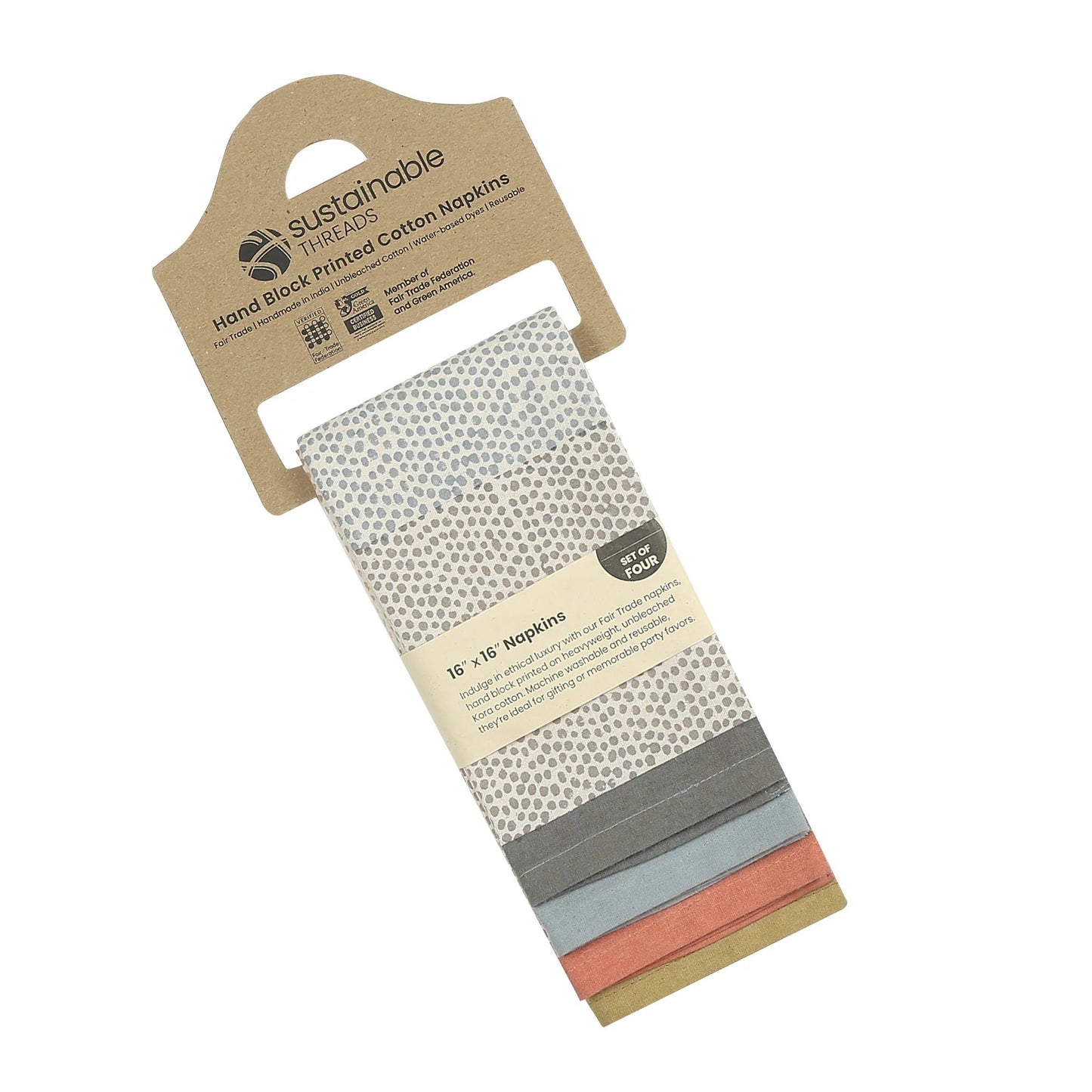 STREAMLINE 16"x16" Hand Block Printed Napkins - Set of 4. Cotton - Fair Trade - Artisan Made