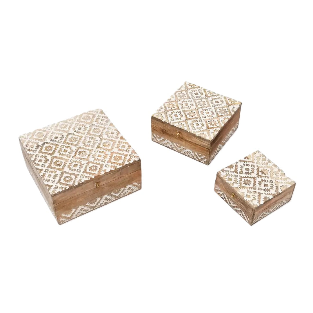 Decorative Nested Boxes Set of 3 | Hand Carved | Mango Wood