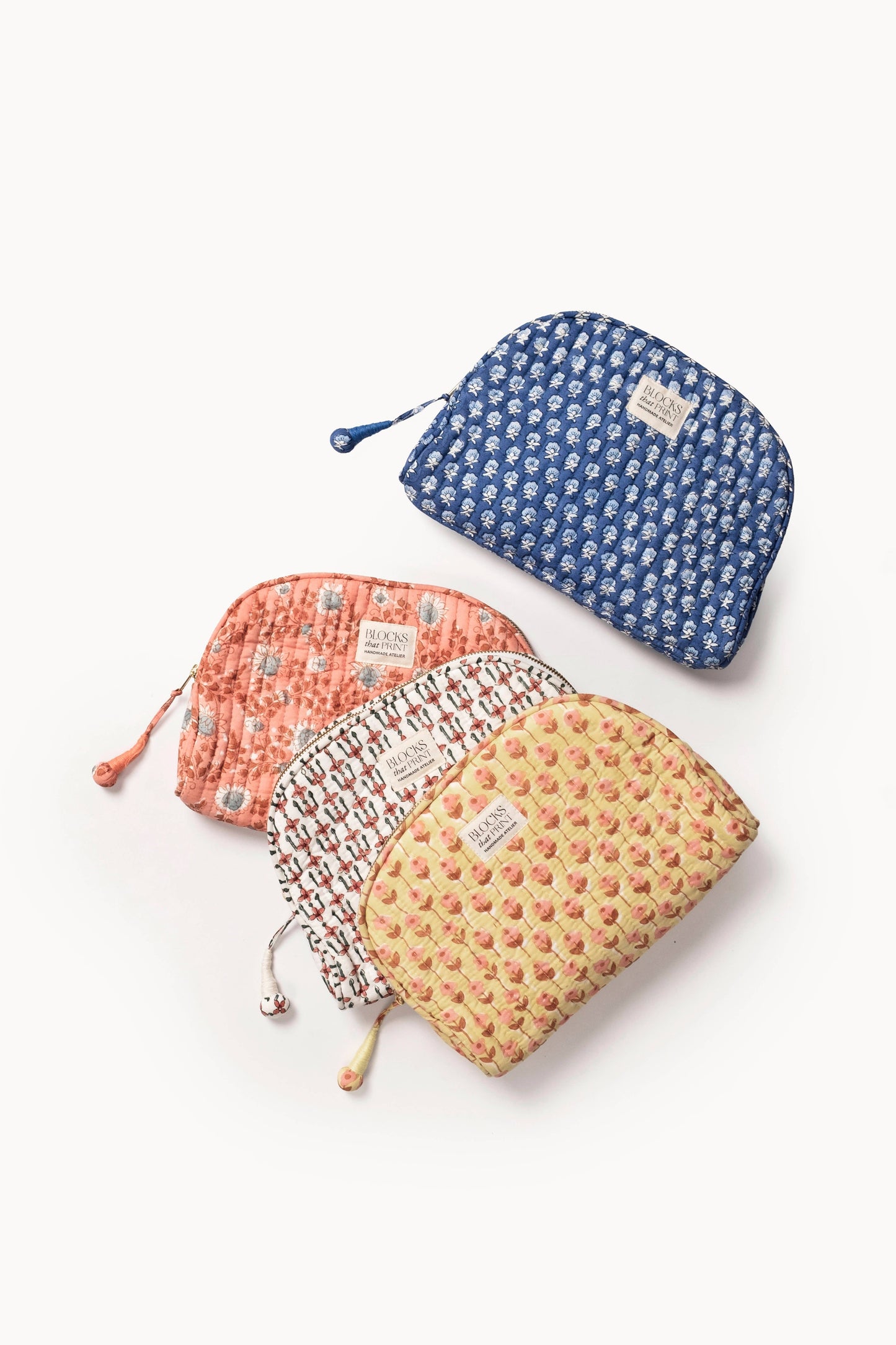 Medium Block Print Quilted Travel Pouch - Parijat Blue