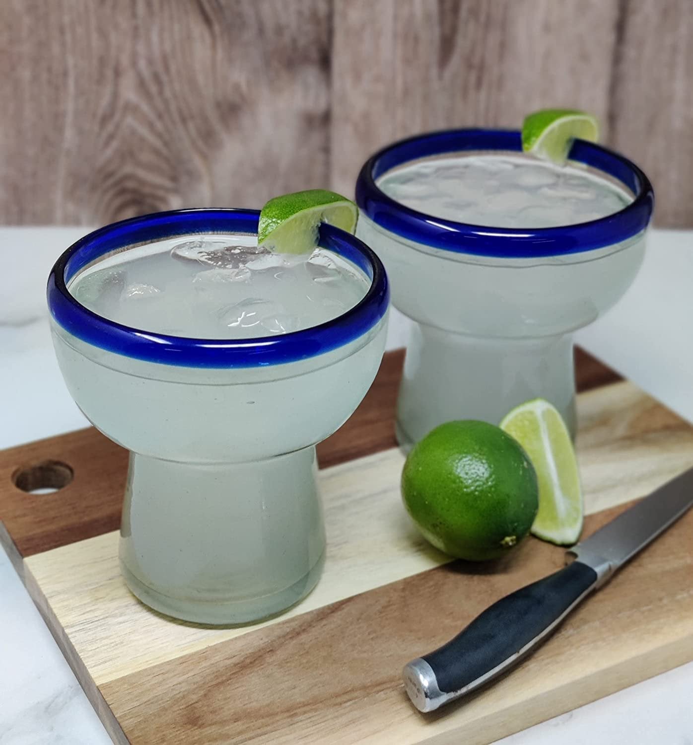 Set of 4 Hand Blown Stemless Blue Rim Margarita Glasses