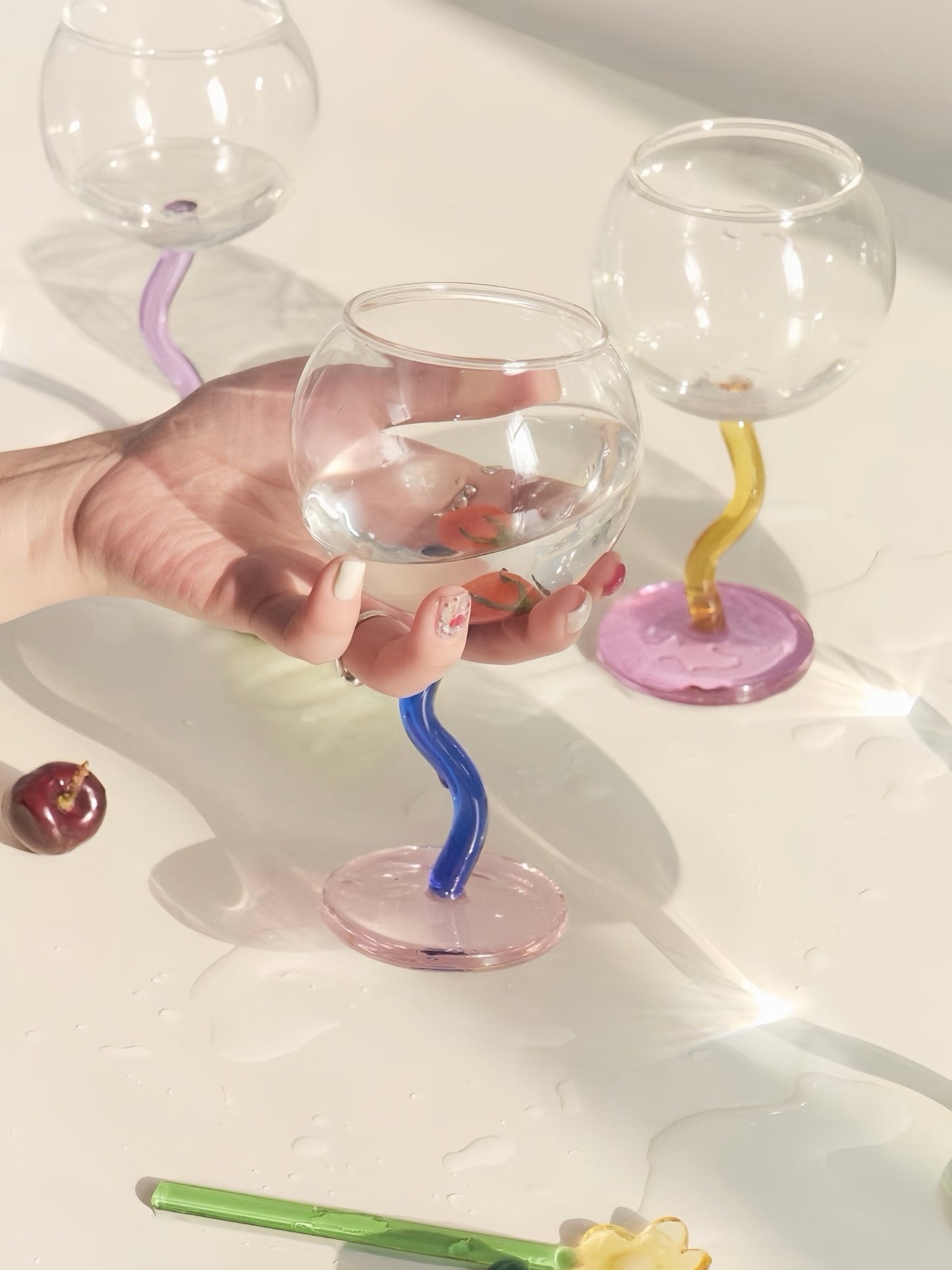 Handblown Bubble Wine Glass - Retro Whimsical Eclectic Wavy Stemmed Goblets