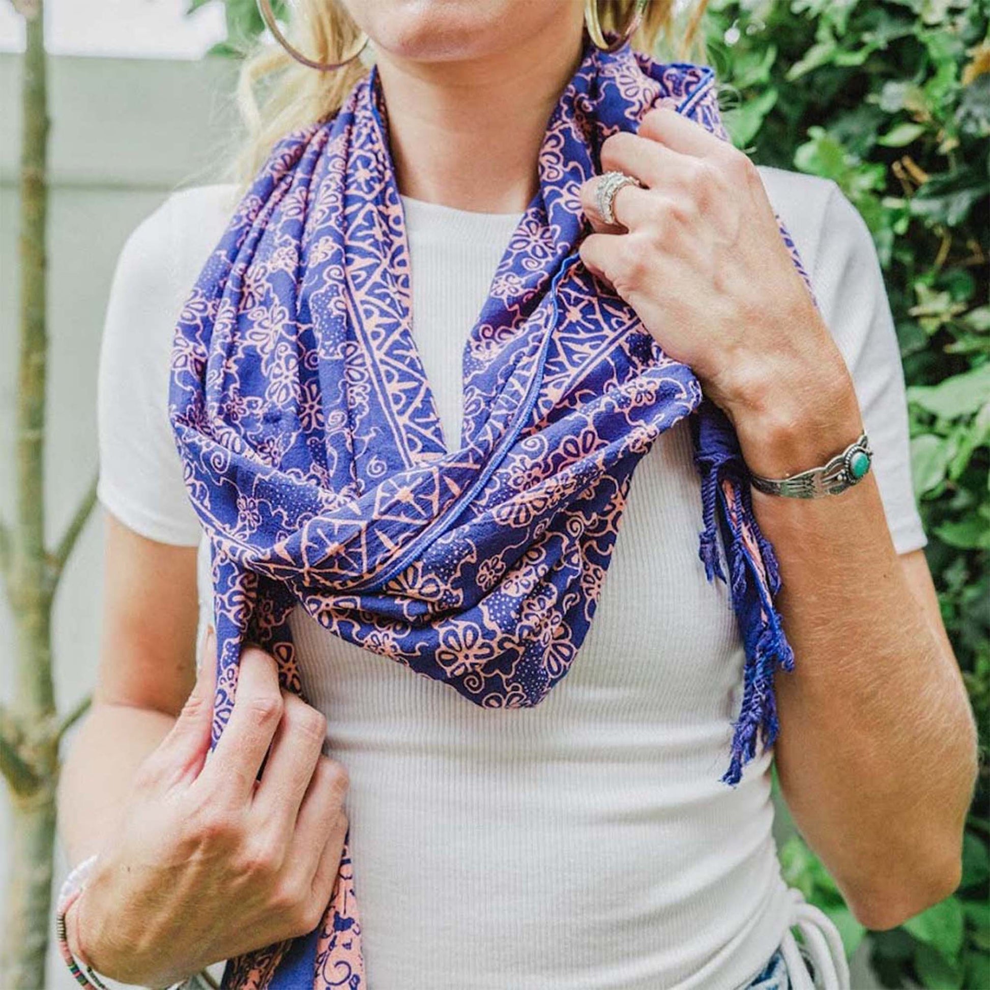 Hand Dyed Batik Scarf, Soft Cotton, Mangosteen, Blue, Pink, Fruit, Floral - Osadia Concept Store