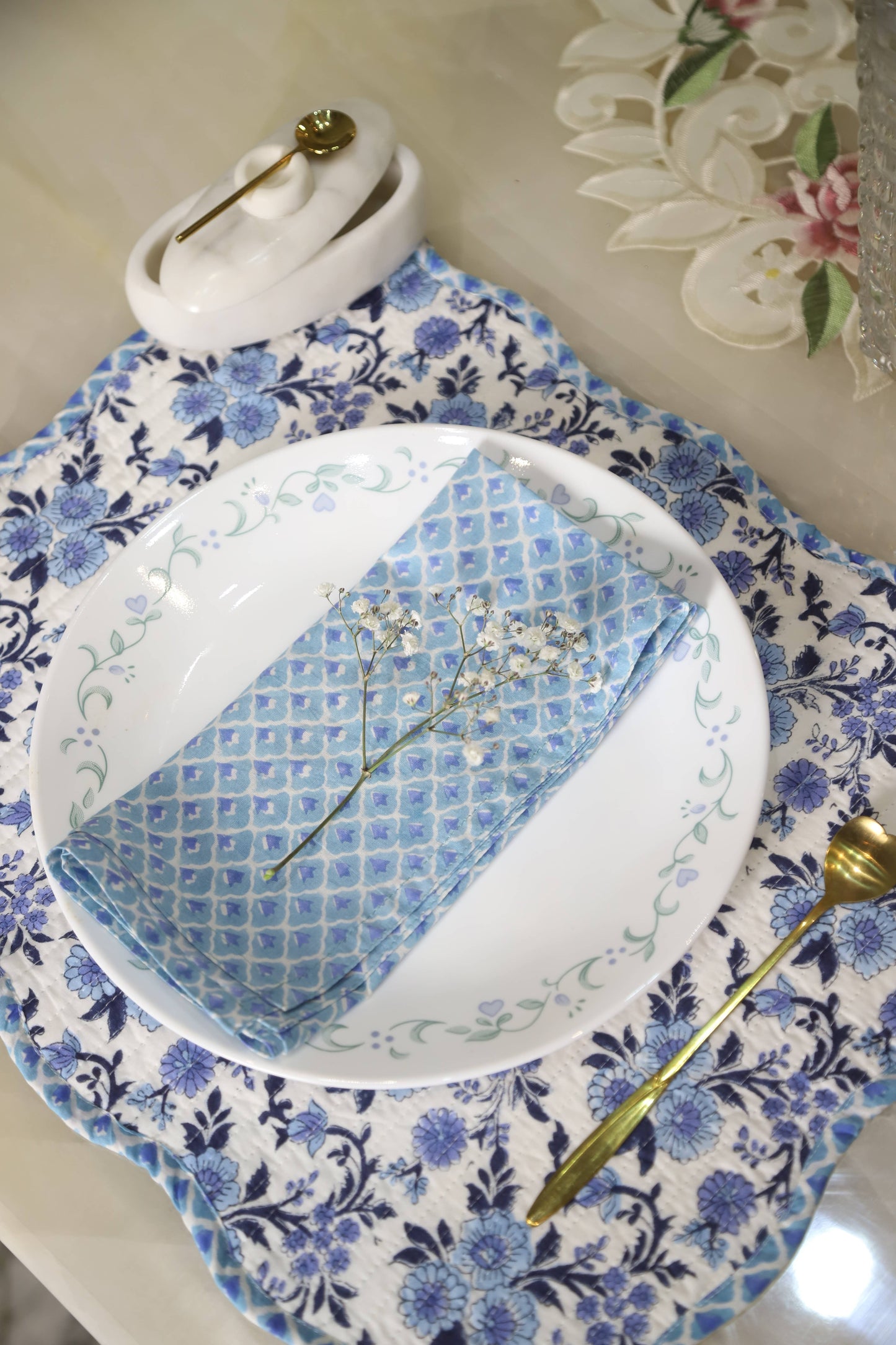 S/4 Neel Blue Block Printed Table Napkins