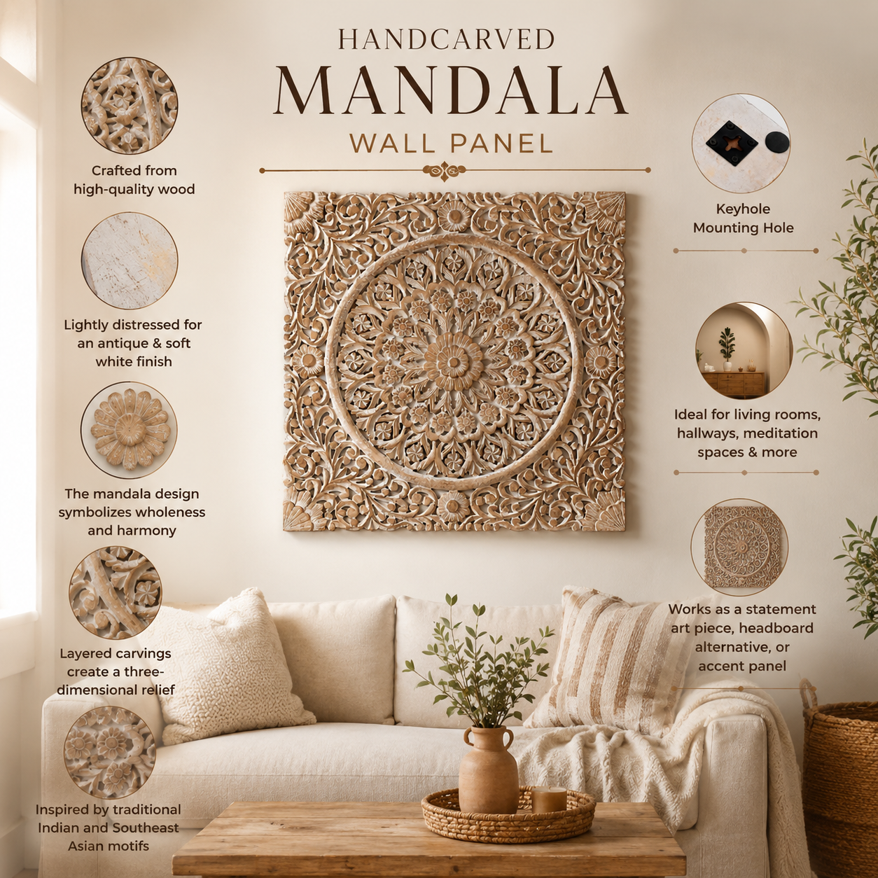 Wooden Floral Hand Carved Mandala Square Wall Decor