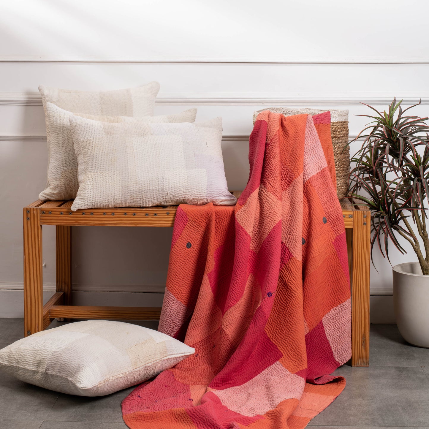 Mosaic Fray Patch Vintage Kantha Throw - Carrots