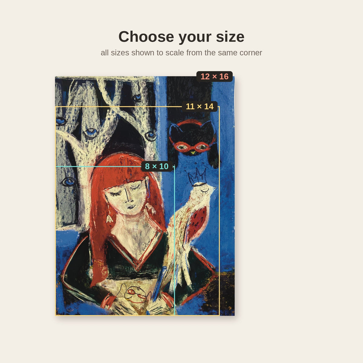 Night Time Art: Red-Haired Girl with a Cat and a Bird, Pastel Art Print on Board