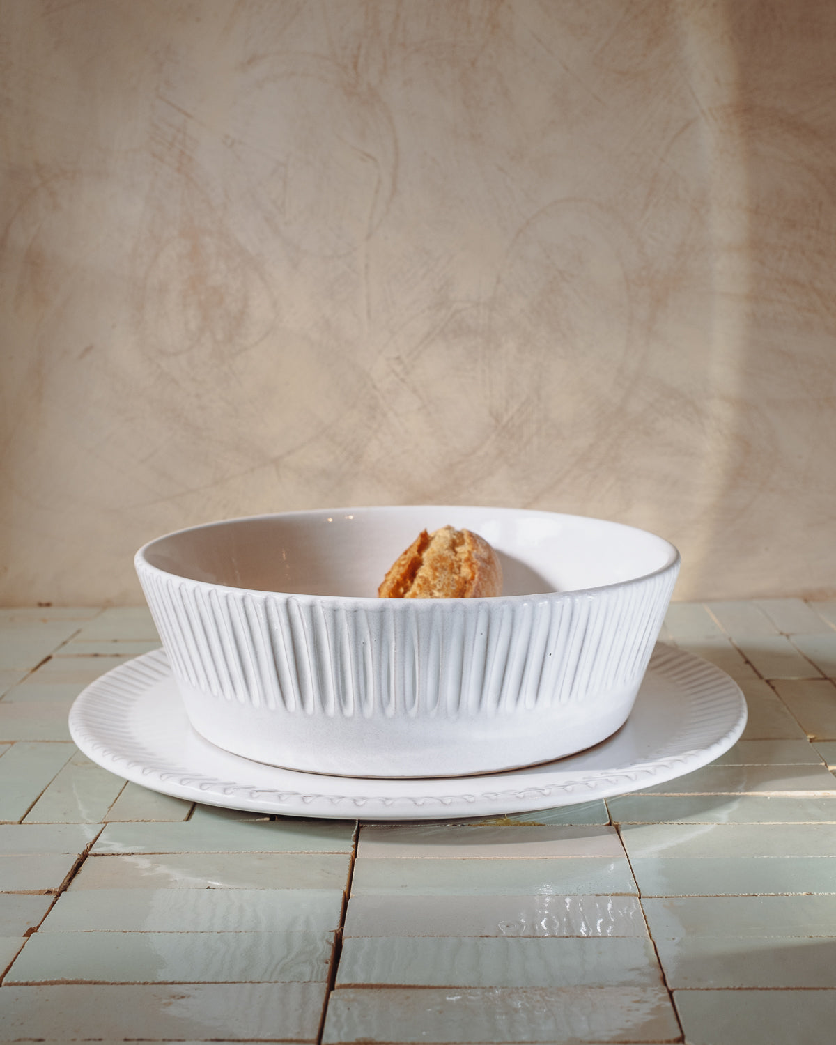 Milk White Lines Serving Bowl