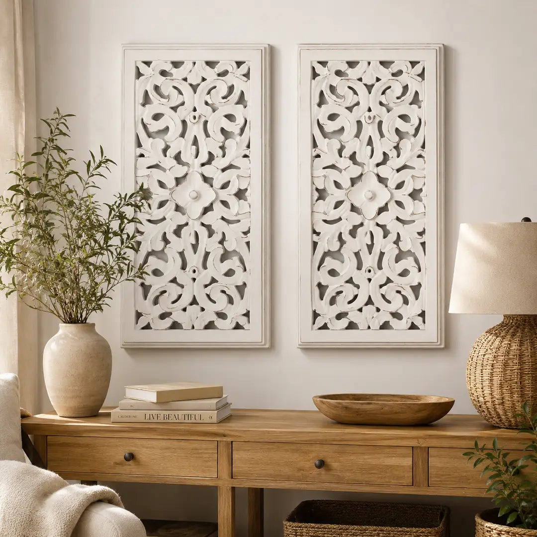Hand Carved Wall Panel Set of 2 | Mango Wood | Floral Décor