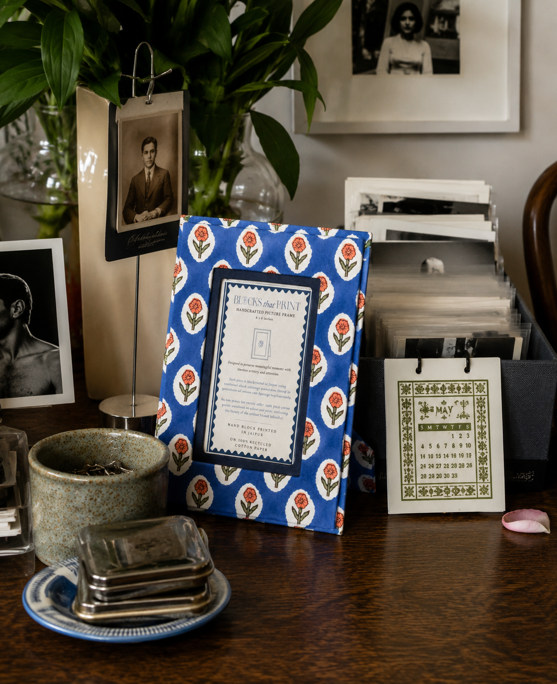 Medium Block Print Photo Frame (4 x 6) - Cobalt Marigold