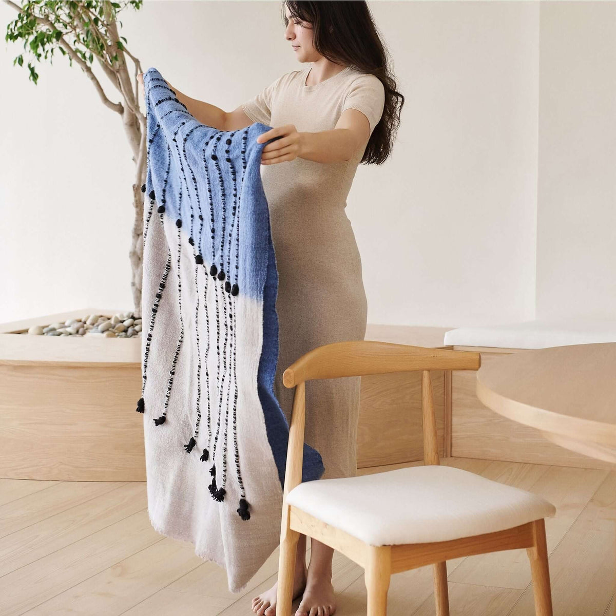 Mari Serene Blue Gray Calming Hues Hand Woven Hand Knotted Textured Merino Throw