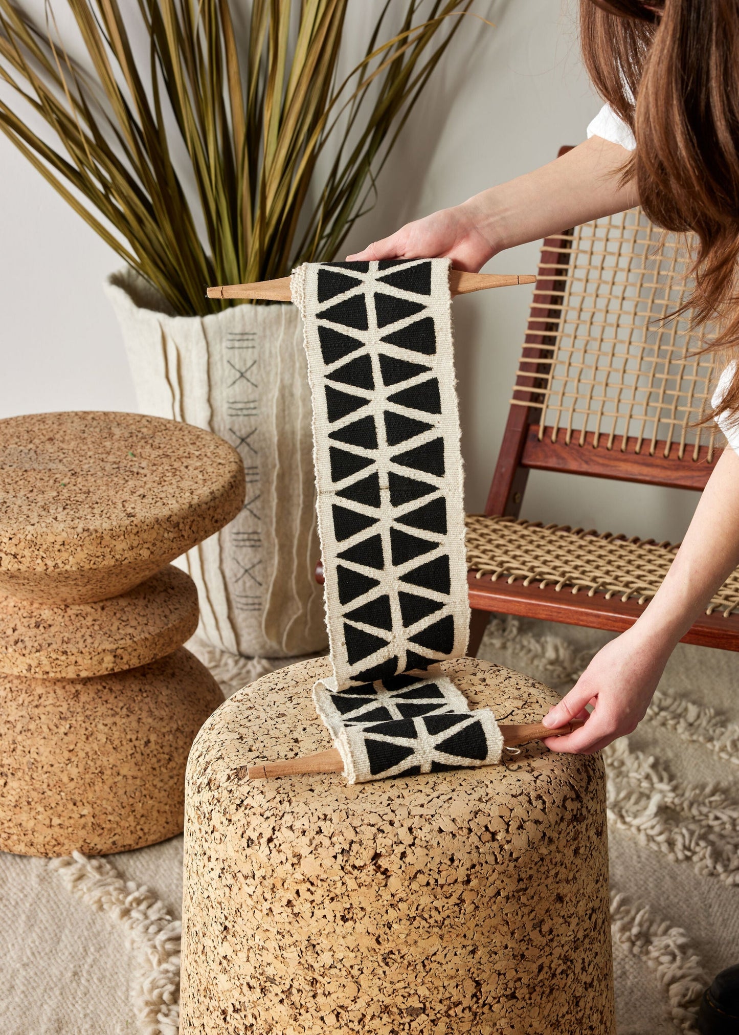 Longevity Bogolan Wall Totem in White with Black Triangles