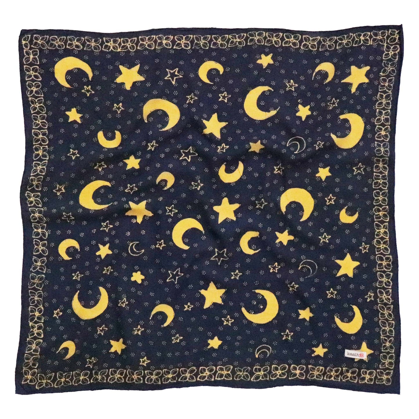 Full Hand Drawn Batik Tulis Bandana Authentic, 100% Soft Cotton, Celestial Blue, Moon and star