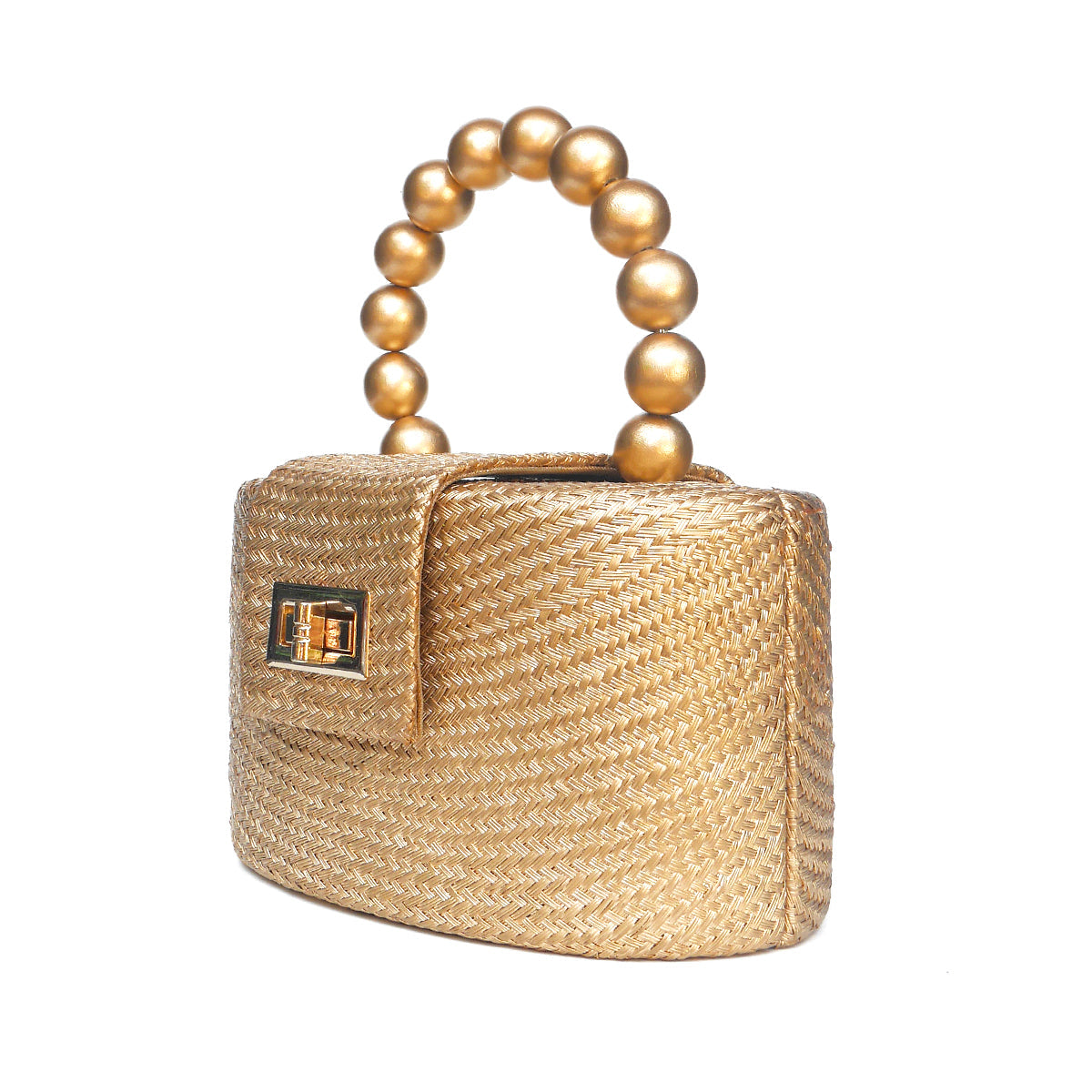 THE OLIVIA — Gold Woven Straw Top-Handle Bag with Beaded Handle