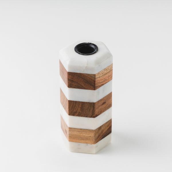 Striped Marble & Acacia Candleholder