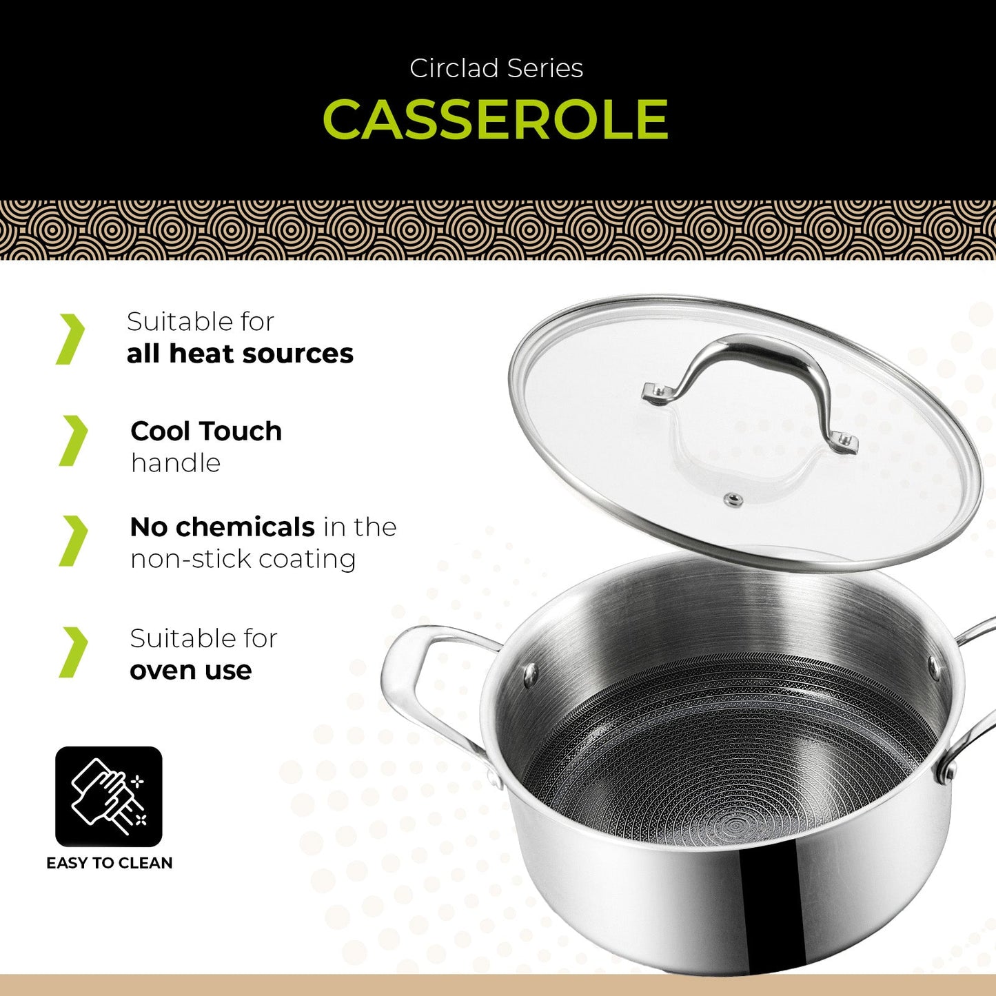 BE | LIVING - Circlad Series - 5 qt / 8.5"/ 24 cm Casserole with lid - Triply Stainless Steel Circlad