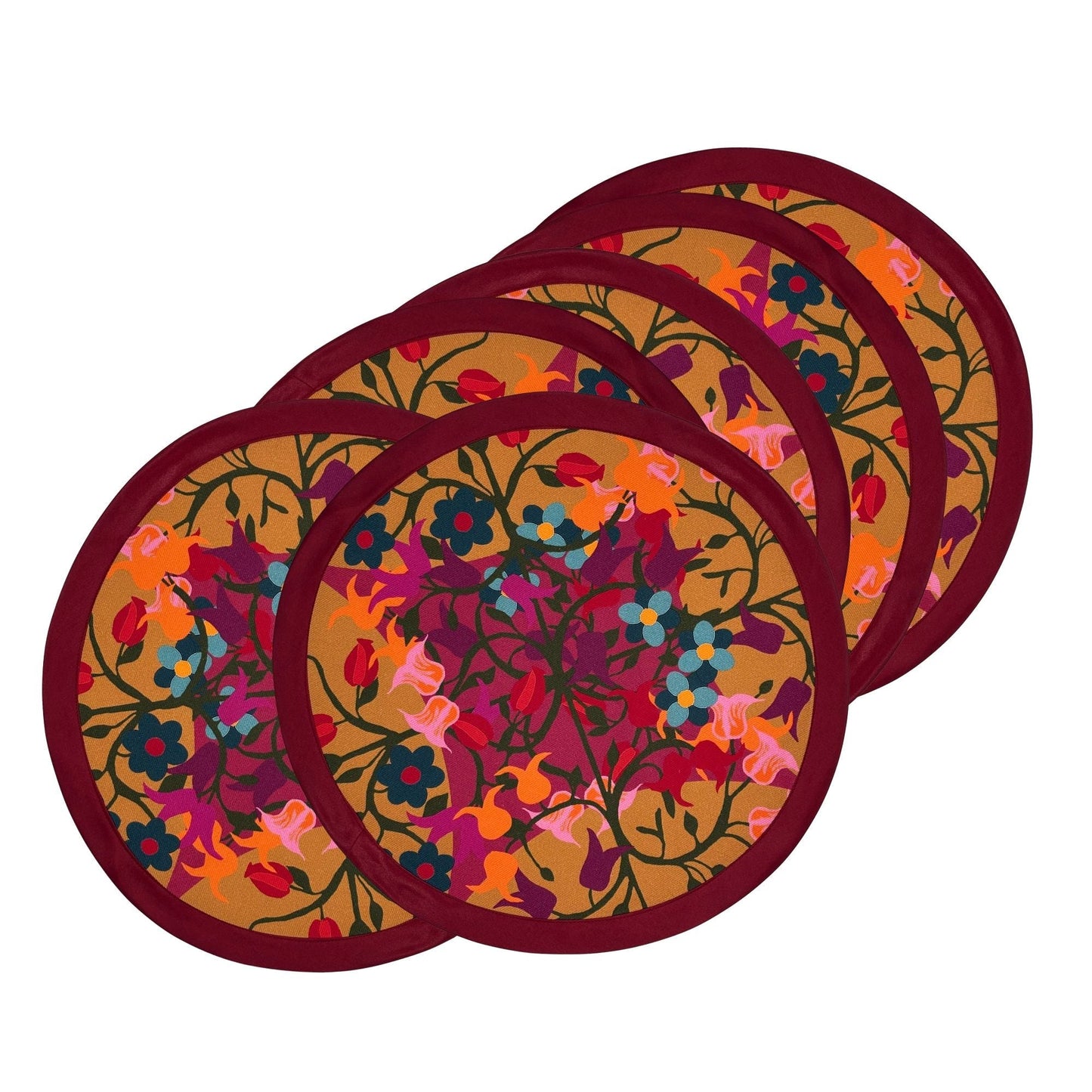 6 Round Placemats Blumen Orange/Bordeaux