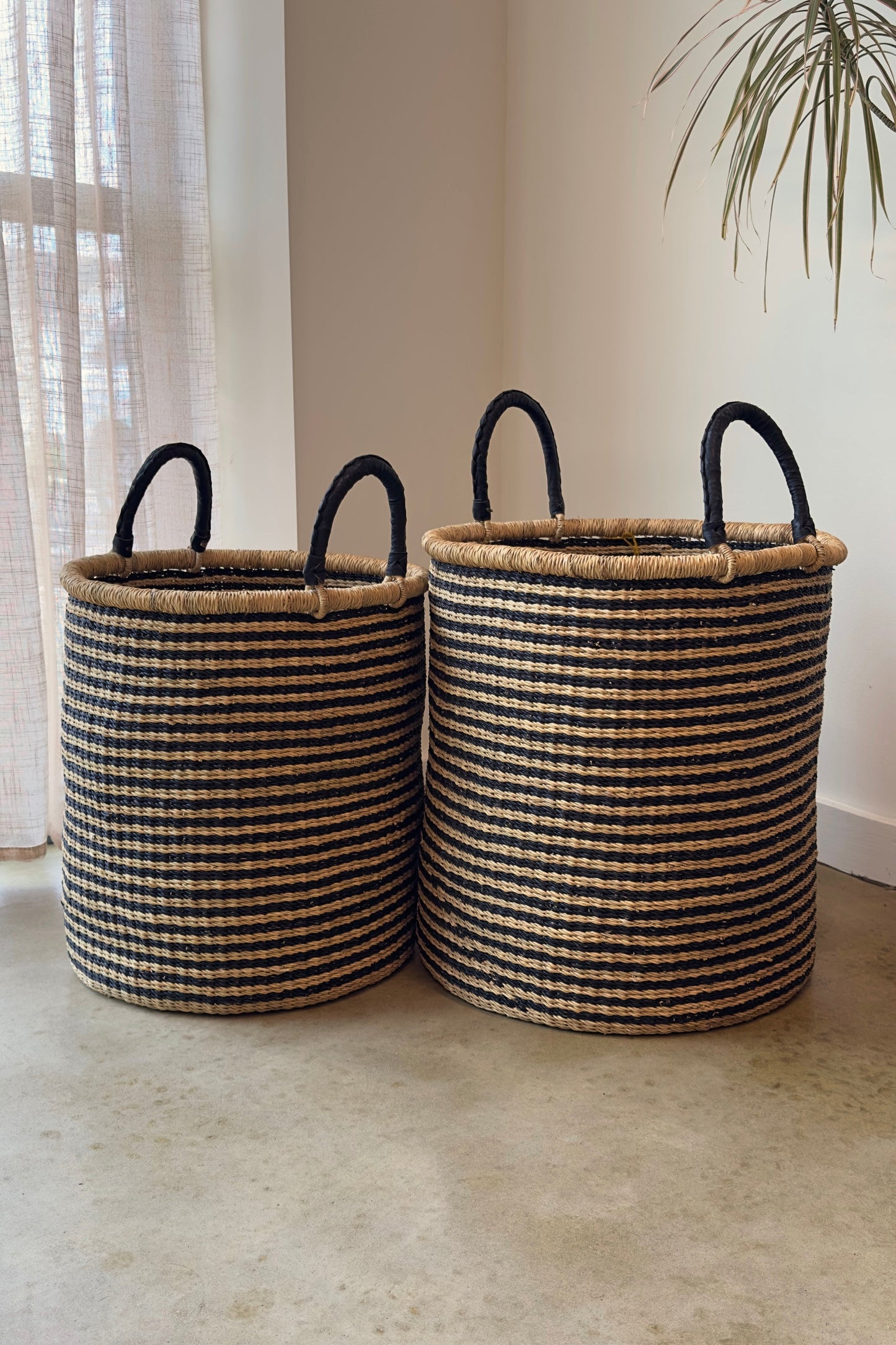 S/2 Handwoven Hamper - Natural with Black Stripes