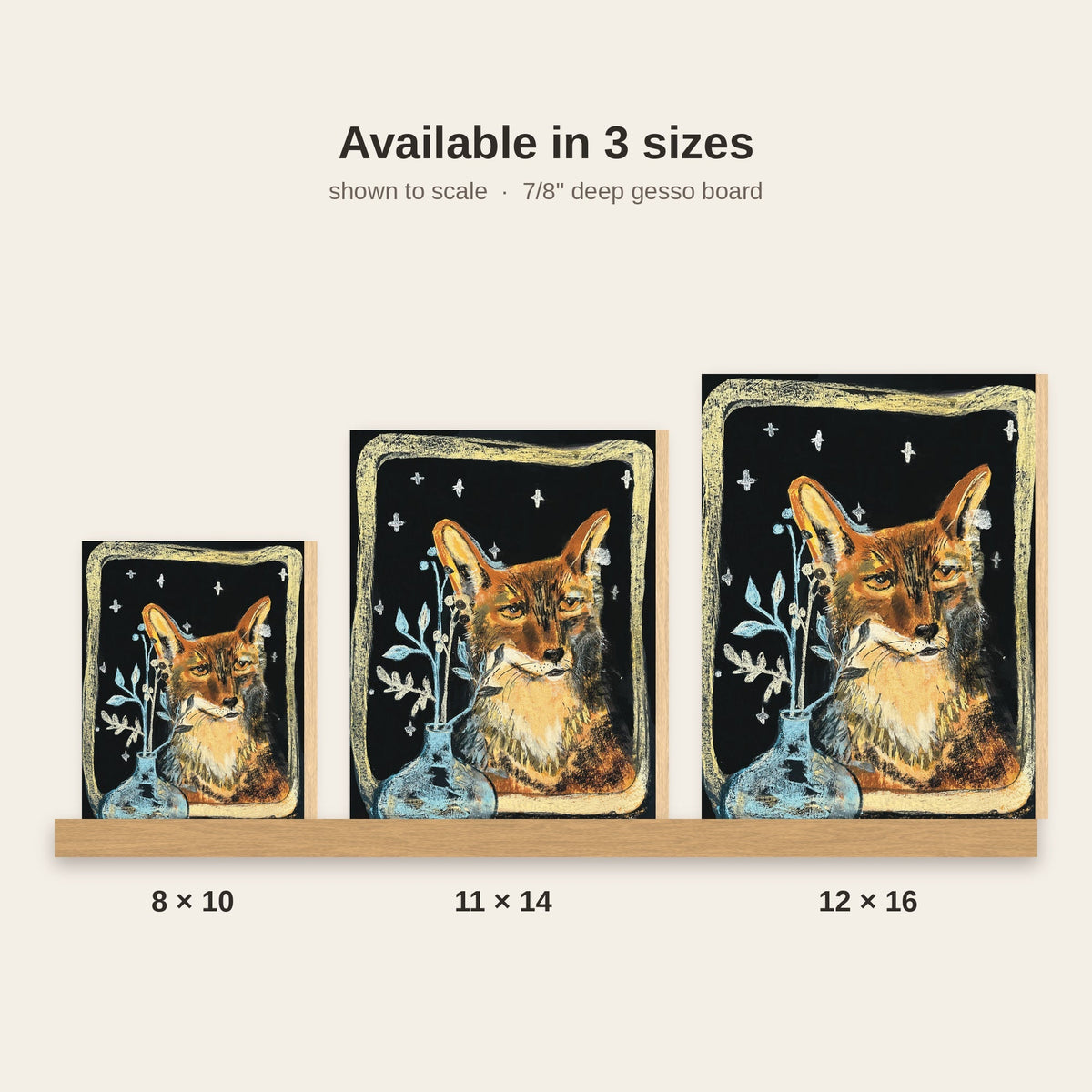 Fox in the Window with Vase, Starry Night Wildlife Art Print on Board
