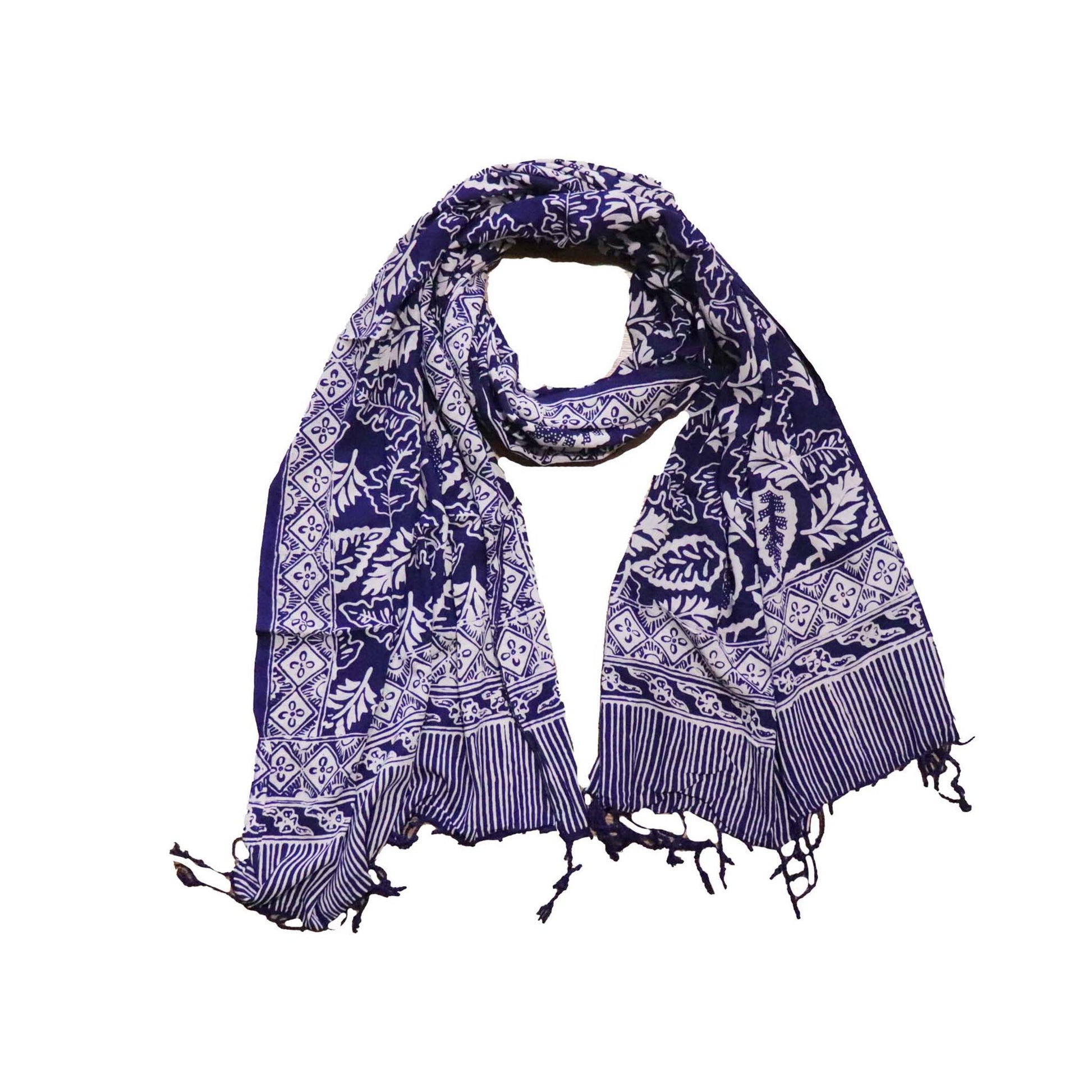 Hand Dyed Batik Scarf, 100% Cotton, Scarves, Bandana, Wrap , Blue Leaves - Osadia Concept Store