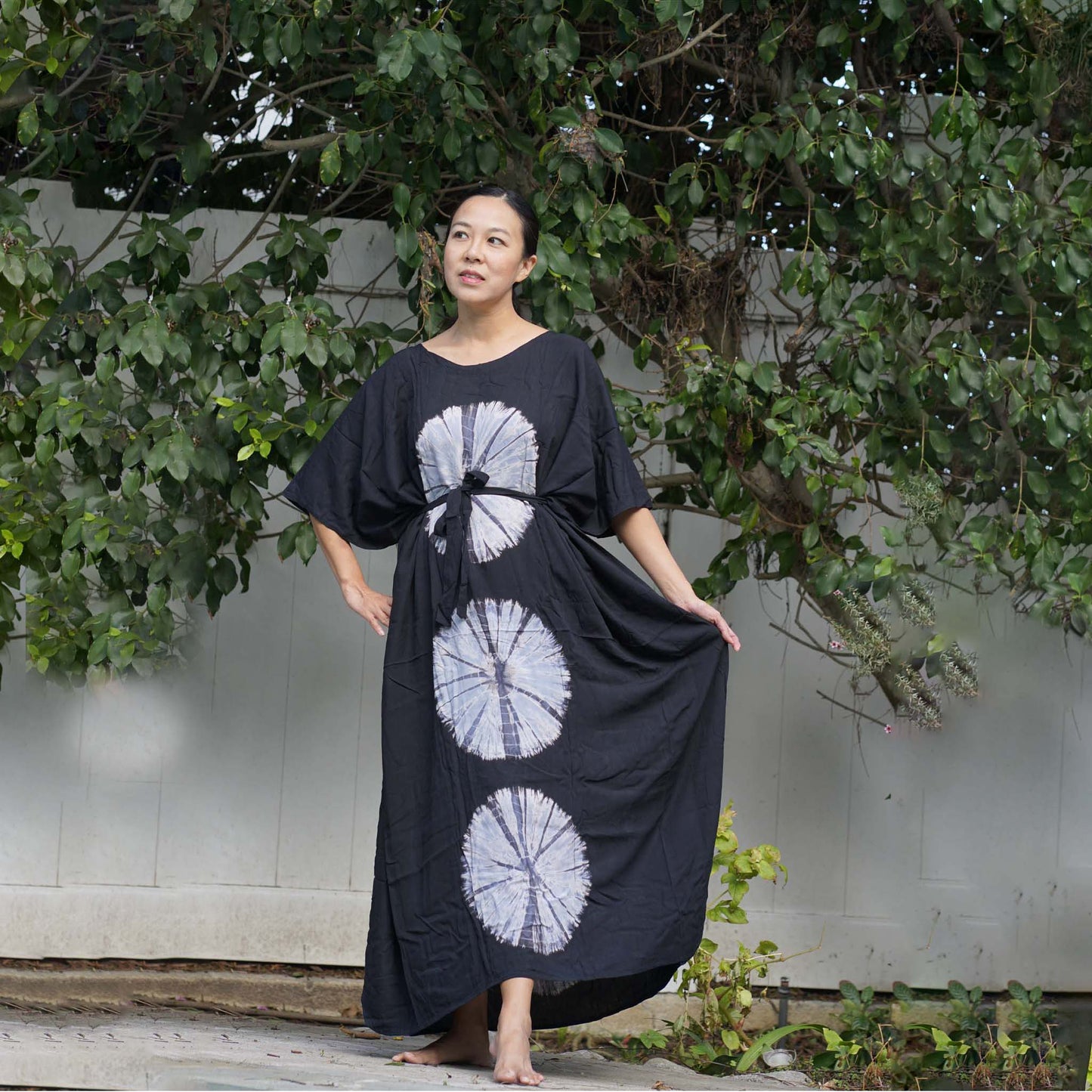 Kaftan Tie Dye Long Dress Shibori Black White Floral Pattern