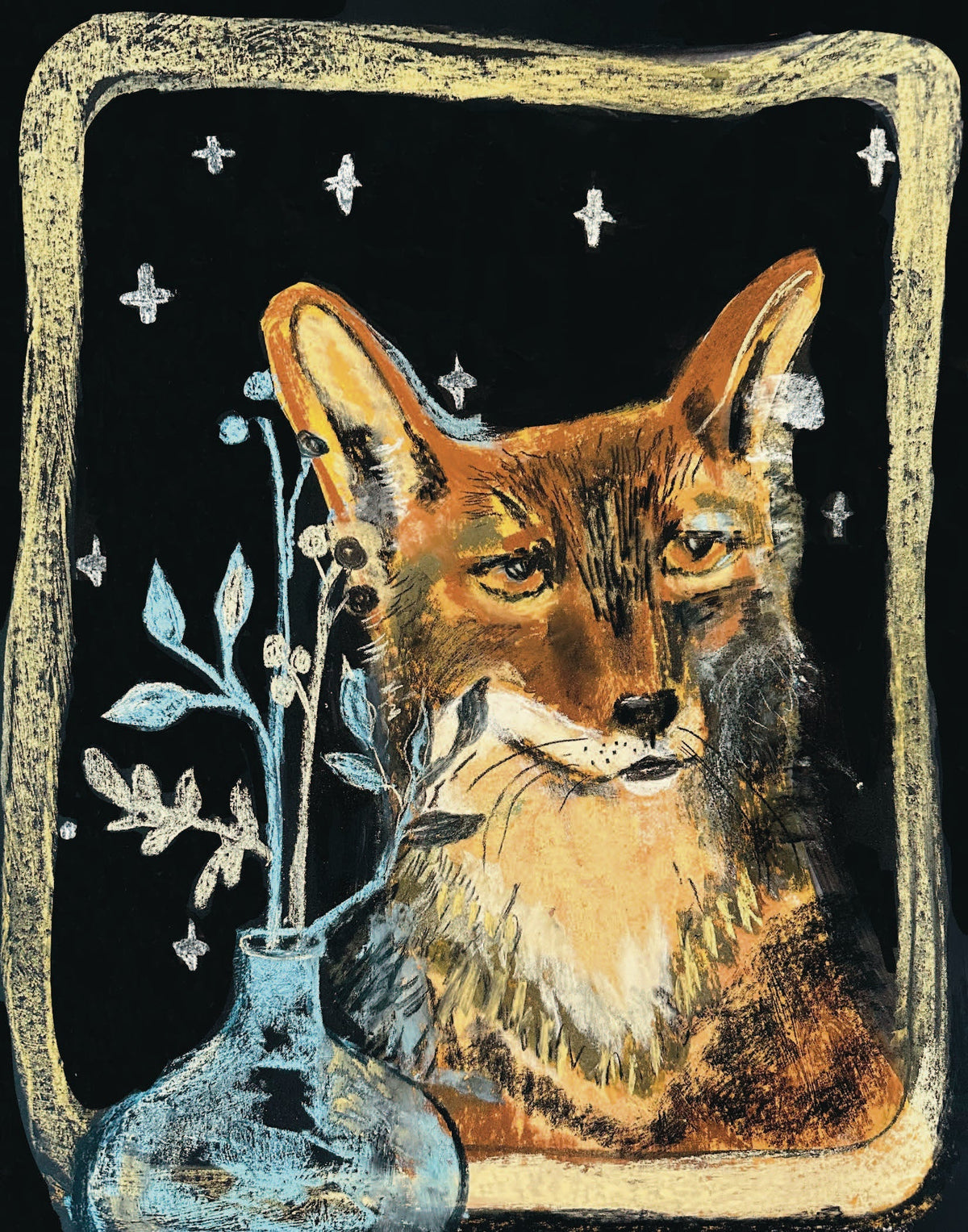 Fox in the Window with Vase, Starry Night Wildlife Art Print on Board