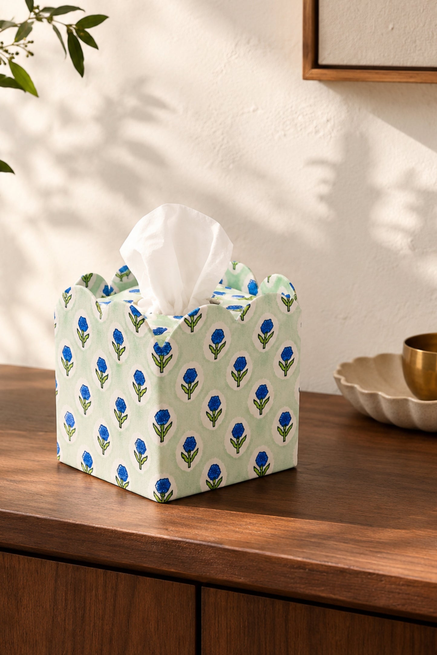 Block Print Tissue Box Cover- Mint (Collapsible)