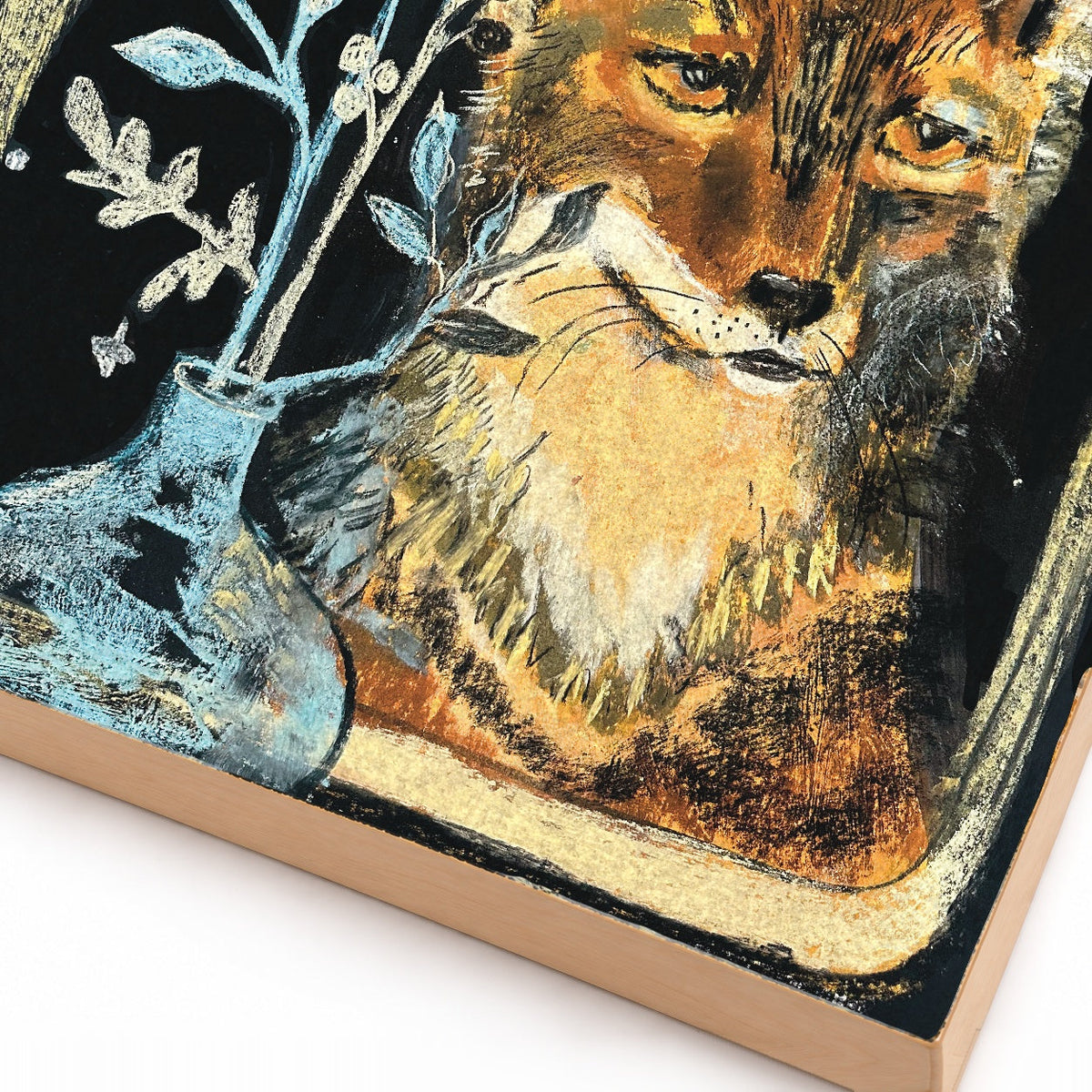 Fox in the Window with Vase, Starry Night Wildlife Art Print on Board