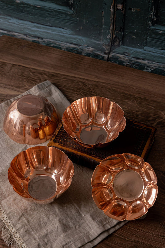 Vintage Inspired Copper Fluted Bowls with Crown Engraving – Set of 2