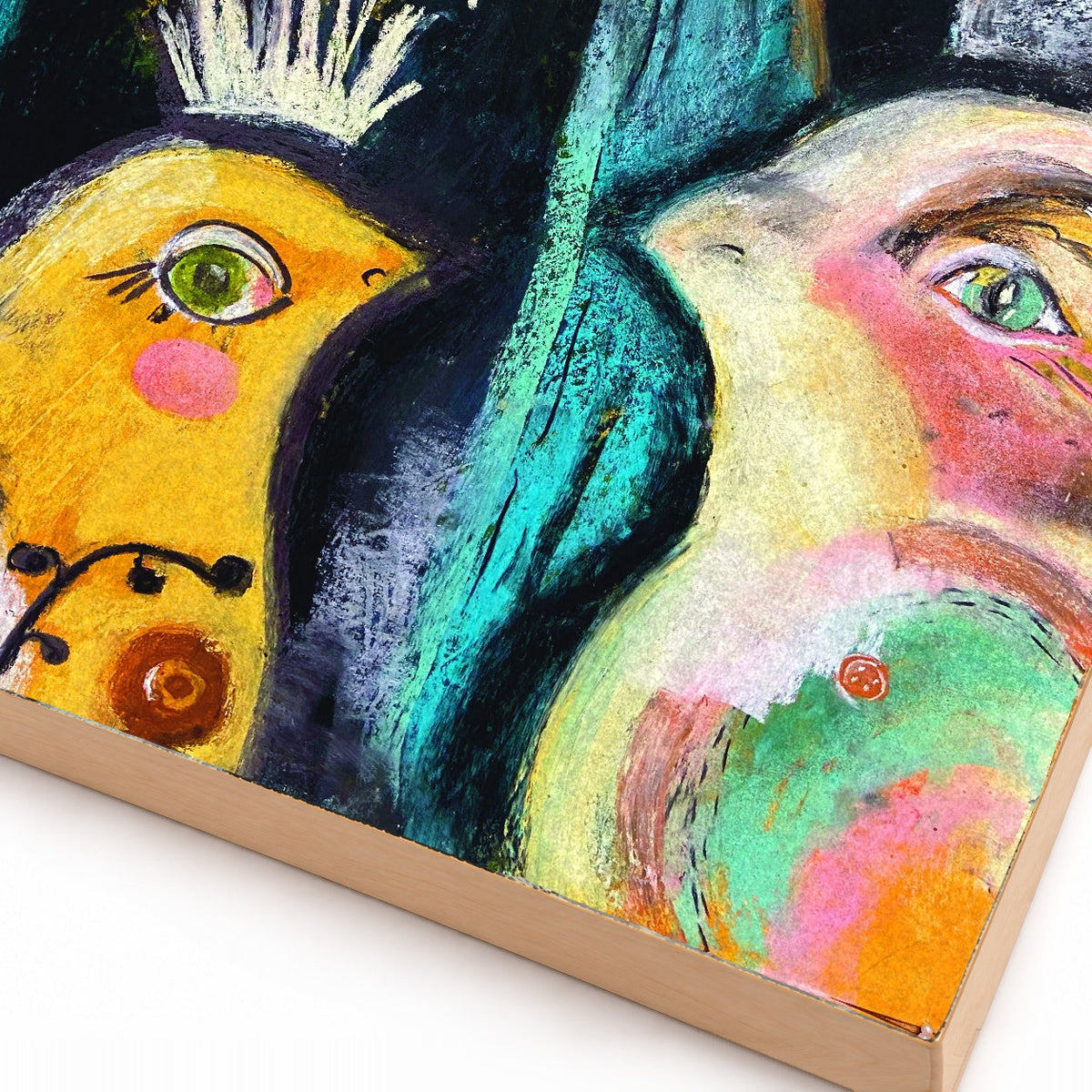New Friend: Two Birds Whimsical Wall Art Print on Board, Turquoise & Yellow Folk Art