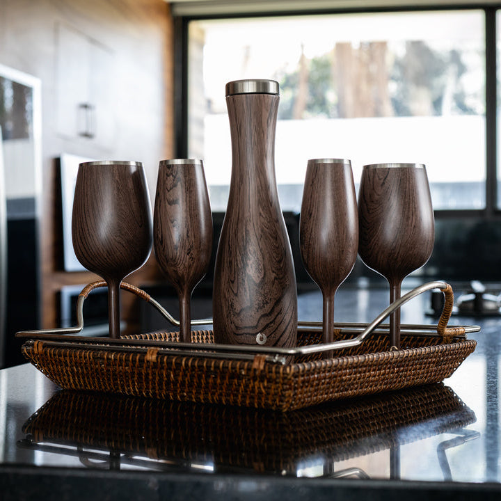 Stainless Steel Stemmed Wine Glass - Set of 2, Dark Walnut