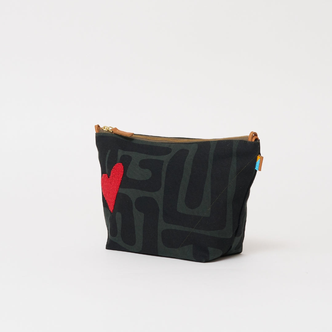 XLarge Convertible Pouch - Safari Kuba with Beaded Red Heart with Short Leather Strap