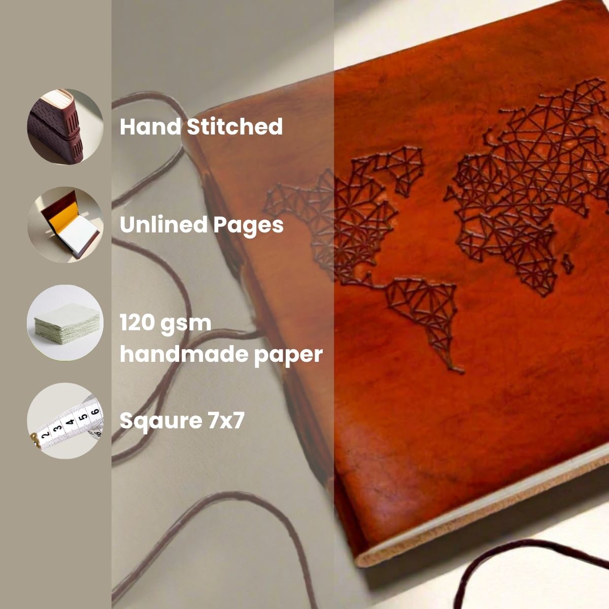 World Map 7x7 Artist Handmade Leather Journal