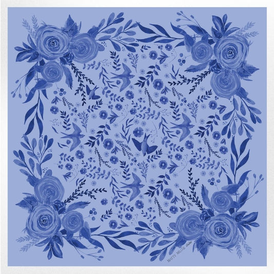 100% Silk Scarf: Zephyr - Blue Floral Bird Pattern