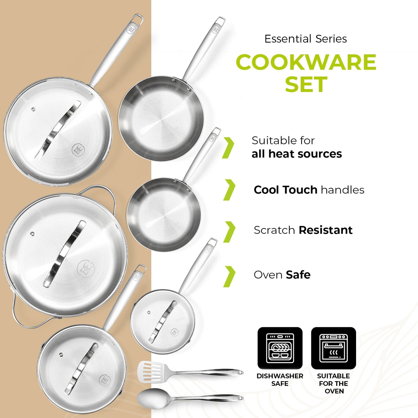 BE | LIVING - Essential Series - 12 pcs Cookware Set - Triply Stainless Steel