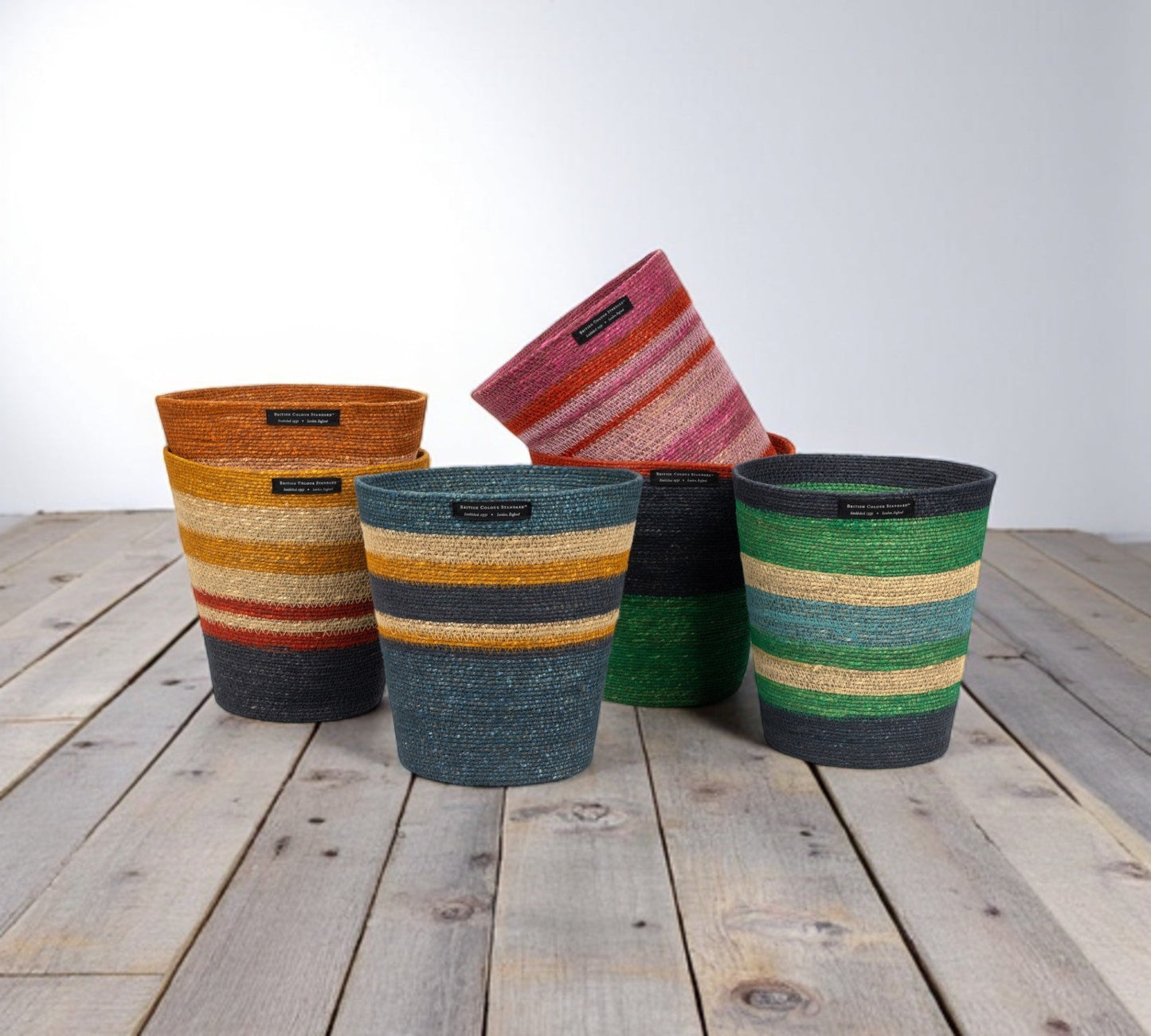 Striped Seagrass Waste Paper Basket in Olive / Old Rose